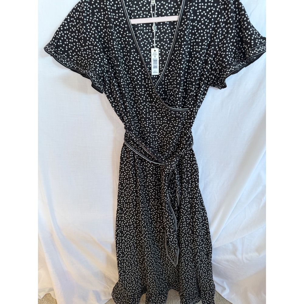 Max Studio Heart Print Midi Cocktail Dress Black White Flutter Sleeve NWT S